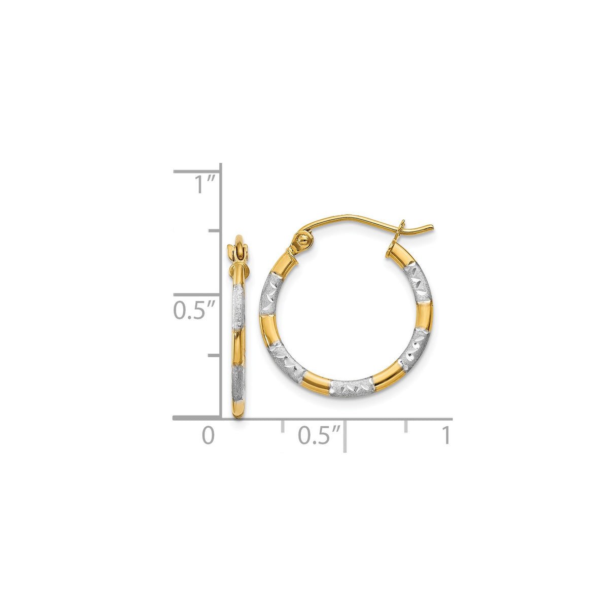 14k Yellow Gold Two Tone Hoop Earrings, Diamond Cut Textured Medium Hoops for Women