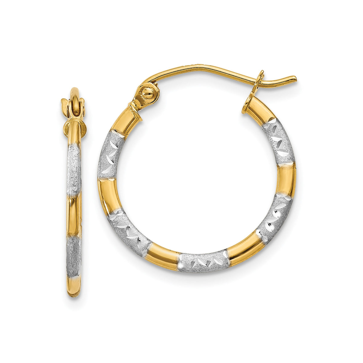 14k Yellow Gold Two Tone Hoop Earrings, Diamond Cut Textured Medium Hoops for Women
