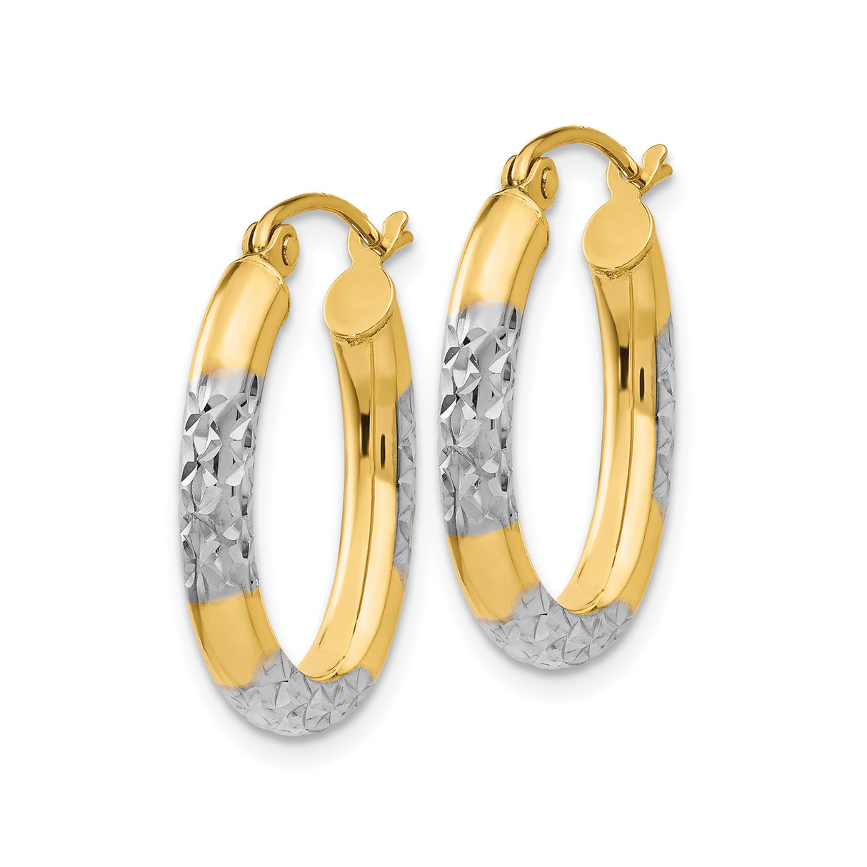 14k Yellow Gold Hoop Earrings, Diamond-Cut Two-Tone Oval with Textured Floral Design