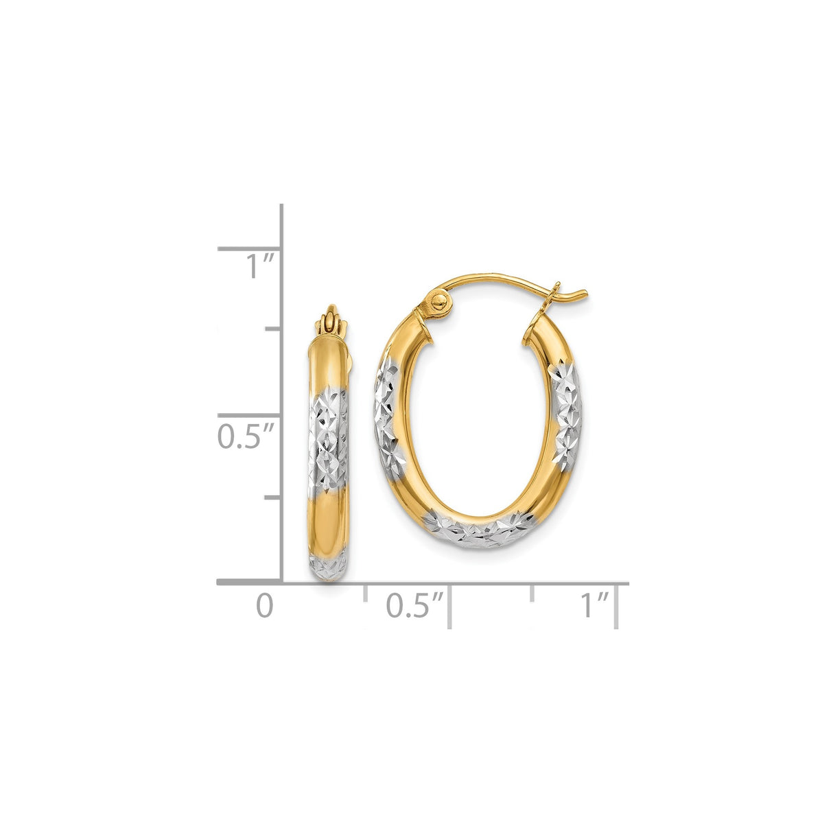 14k Yellow Gold Hoop Earrings, Diamond-Cut Two-Tone Oval with Textured Floral Design
