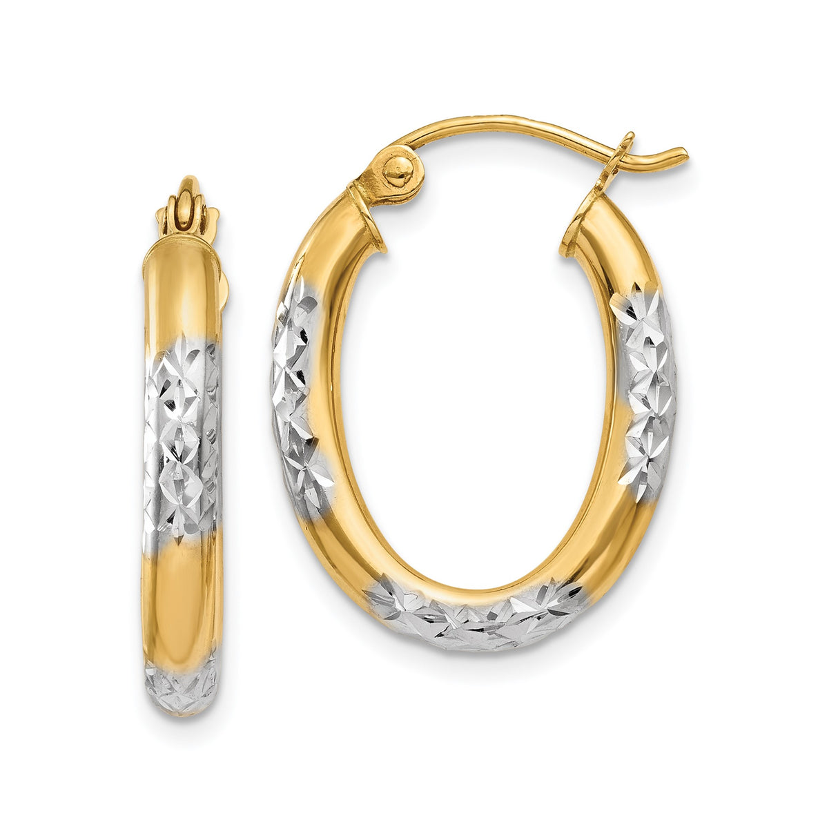 14k Yellow Gold Hoop Earrings, Diamond-Cut Two-Tone Oval with Textured Floral Design