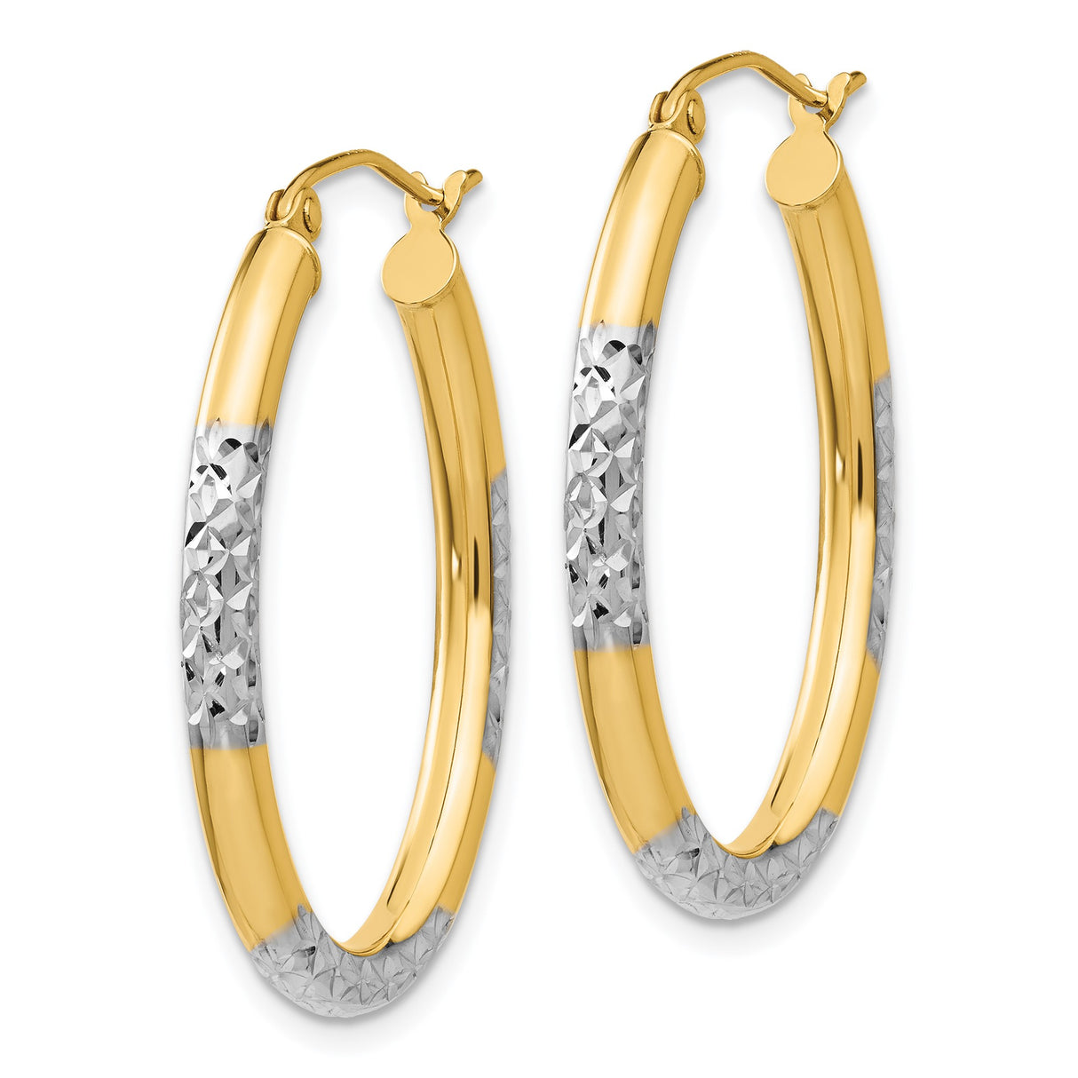 14k Yellow Gold Oval Hoop Earrings, Two-Tone Diamond-Cut Floral Pattern, Rhodium Accents