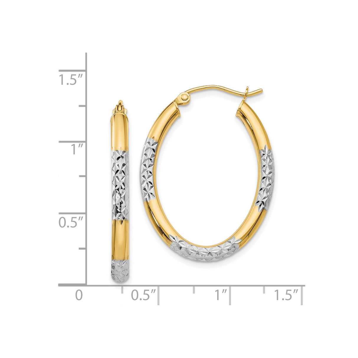 14k Yellow Gold Oval Hoop Earrings, Two-Tone Diamond-Cut Floral Pattern, Rhodium Accents