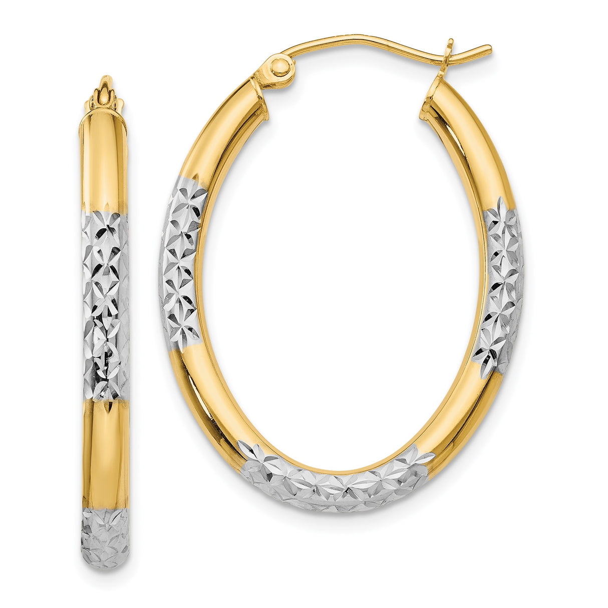 14k Yellow Gold Oval Hoop Earrings, Two-Tone Diamond-Cut Floral Pattern, Rhodium Accents