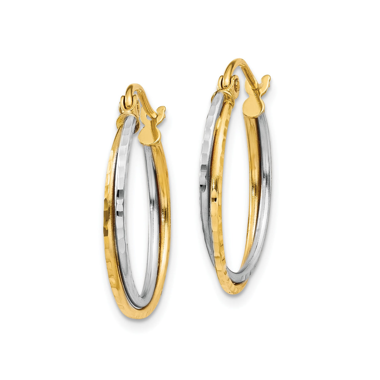 14k Yellow Gold Hoop Earrings, Two-Tone Polished and Hammered Finish, Lightweight Modern Style