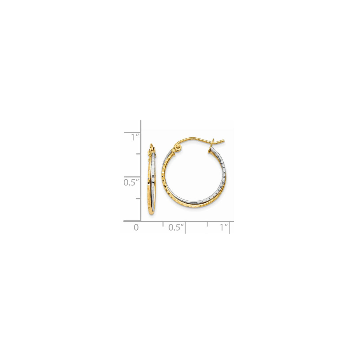 14k Yellow Gold Hoop Earrings, Two-Tone Polished and Hammered Finish, Lightweight Modern Style