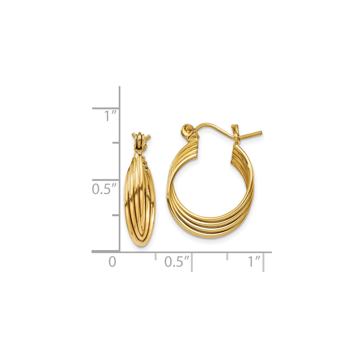 14k Yellow Gold Hoop Earrings, Twisted Ribbed Textured Round Dome Design for Women
