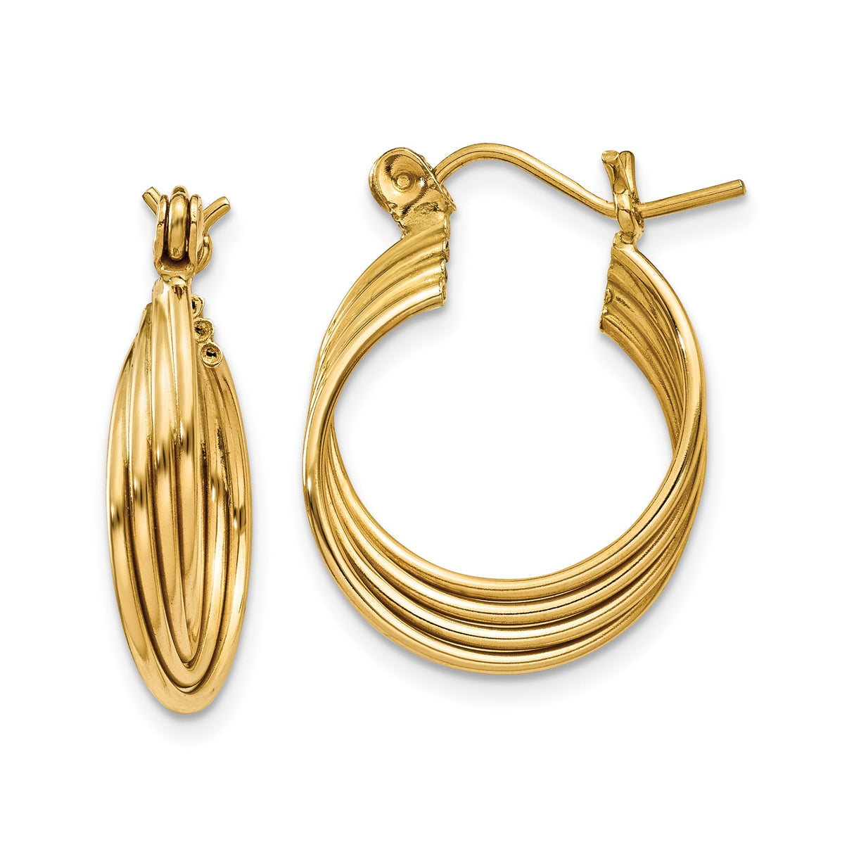 14k Yellow Gold Hoop Earrings, Twisted Ribbed Textured Round Dome Design for Women
