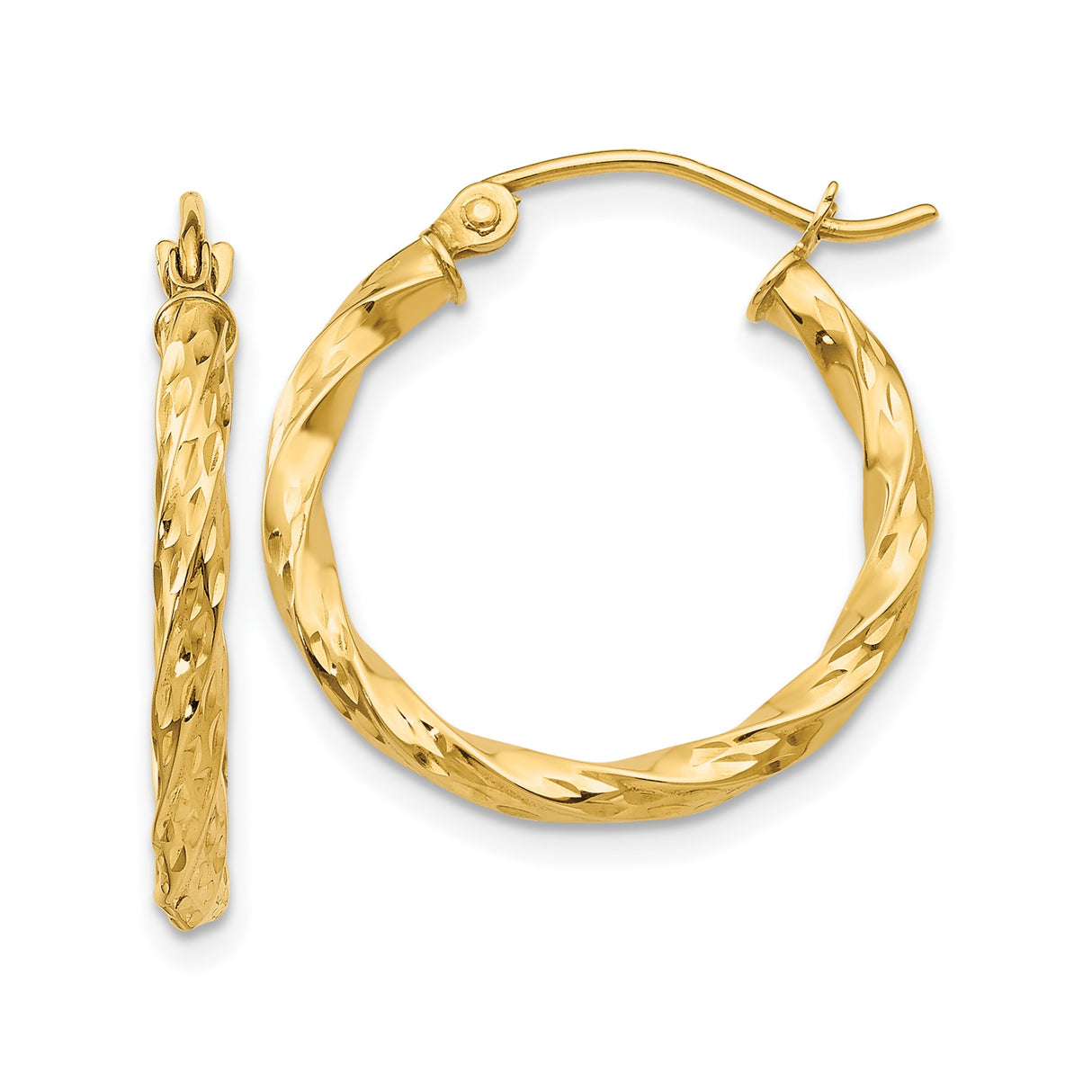 14k Yellow Gold Twisted Hoop Earrings with Diamond-Cut Finish and Hinged Closure