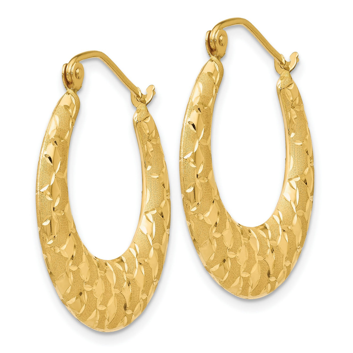 14k Yellow Gold Hoop Earrings with Diamond Cut Pattern, Textured Lightweight Hollow Design