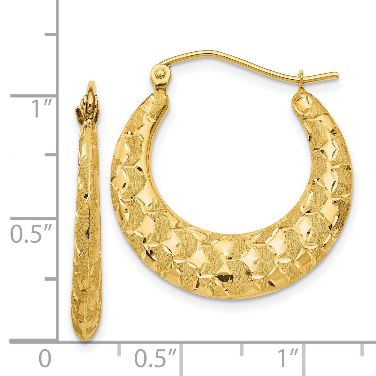 14k Yellow Gold Hoop Earrings with Diamond Cut Pattern, Textured Lightweight Hollow Design