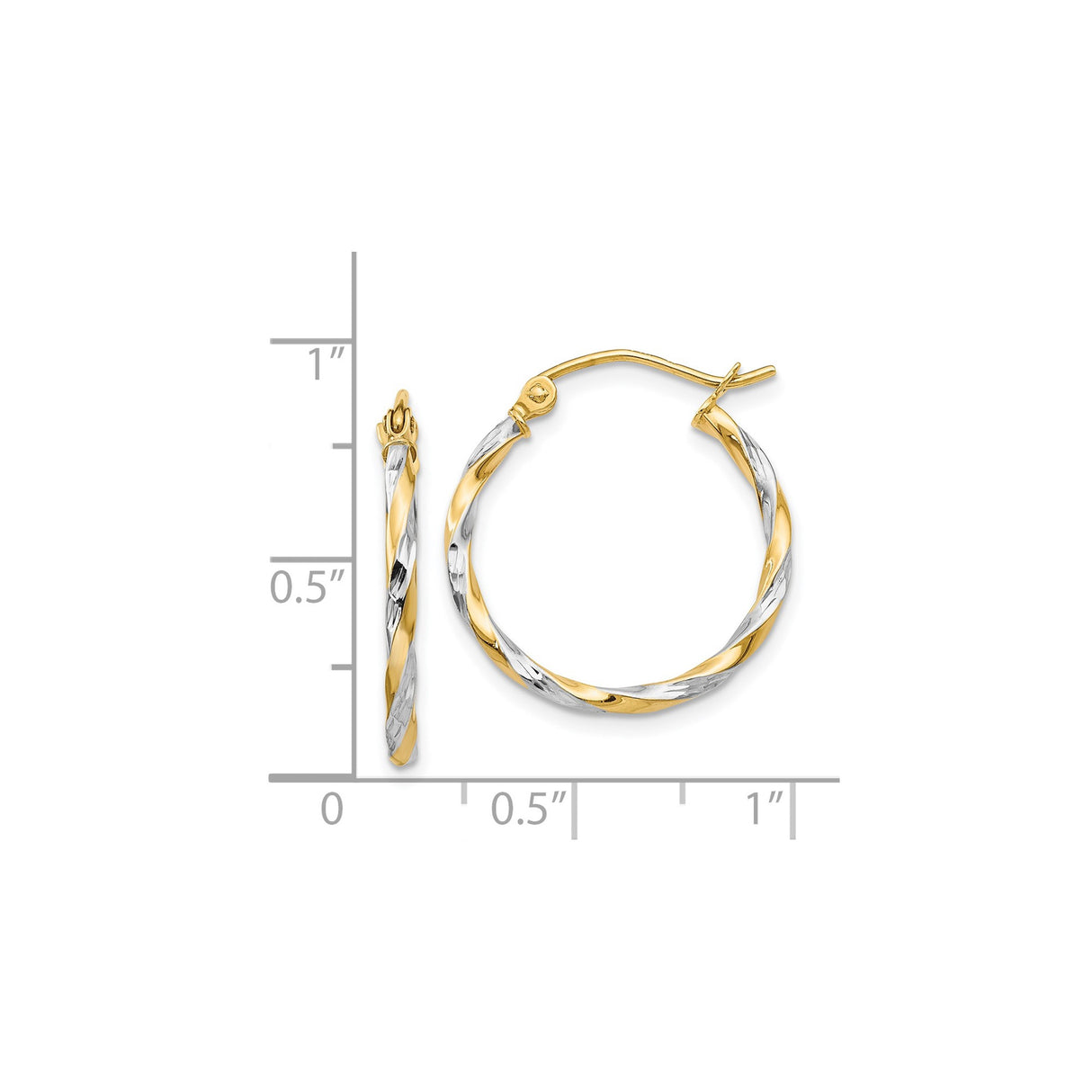 14k Yellow Gold Two Tone Twisted Hoop Earrings with Diamond Cut Finish, Lightweight Modern Design