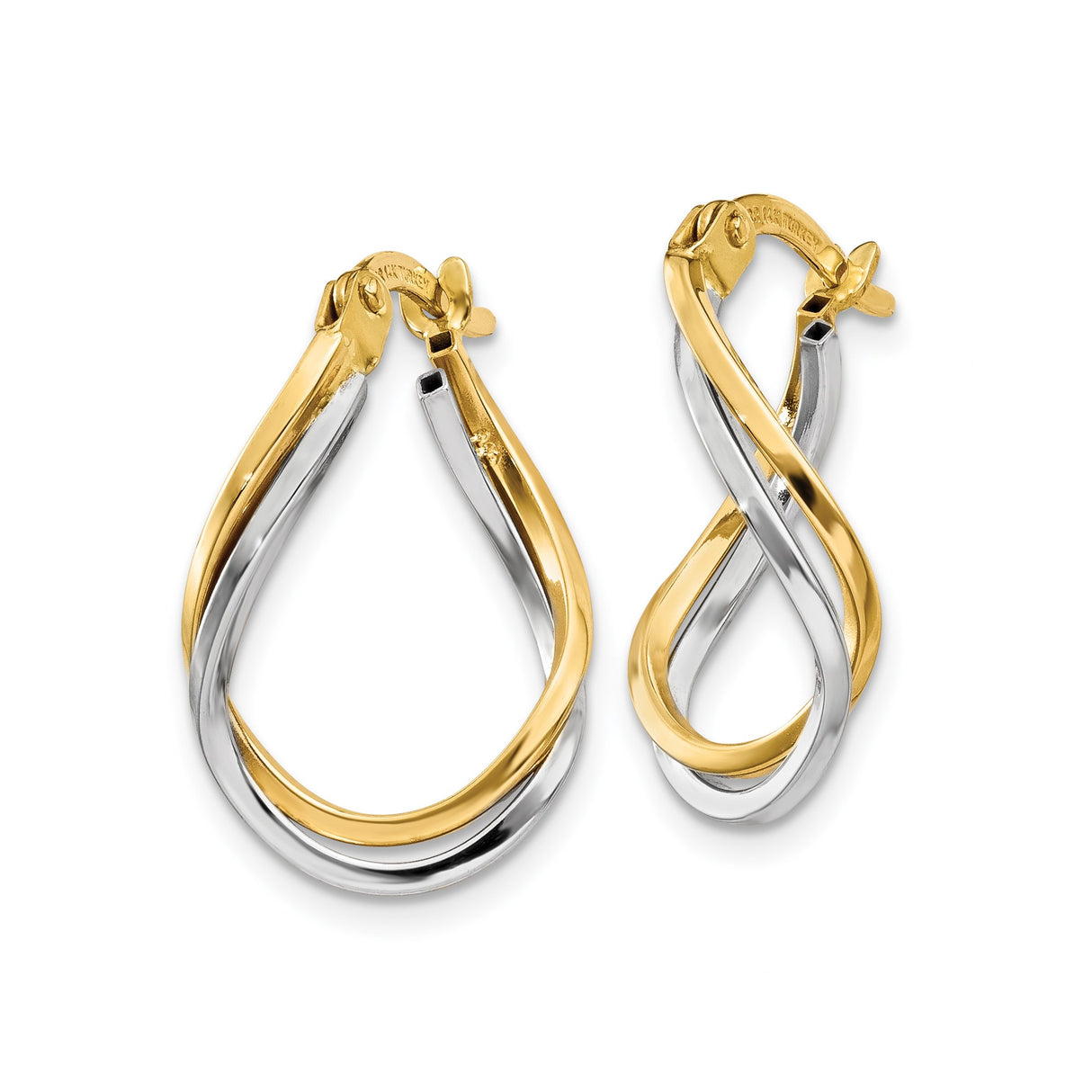 14k Yellow Gold Twisted Teardrop Hoop Earrings with Interwoven Two-Tone Strands for Women
