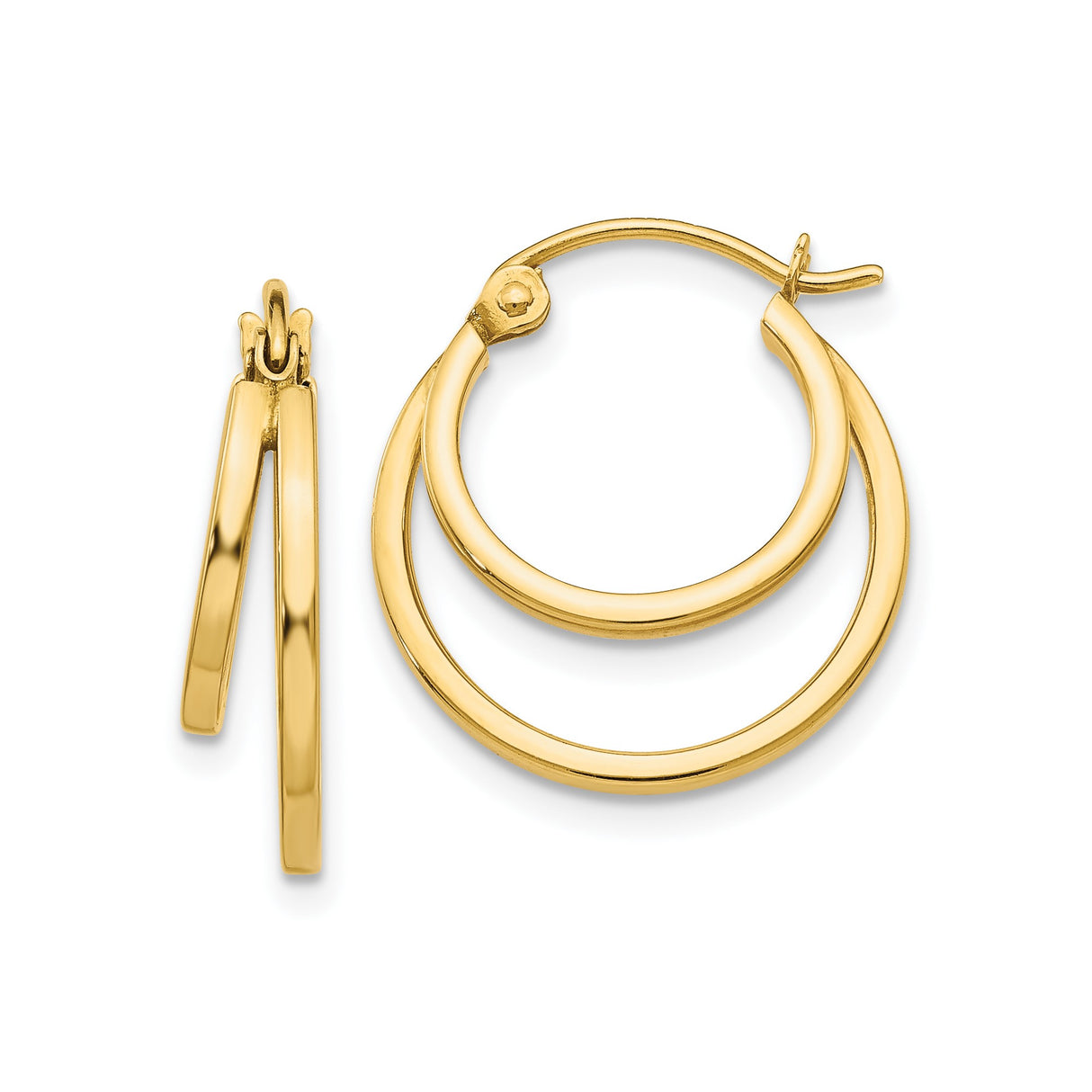 14k Yellow Gold Double Hoop Earrings, Layered Modern Design, High-Polish Finish, Hinged Closure