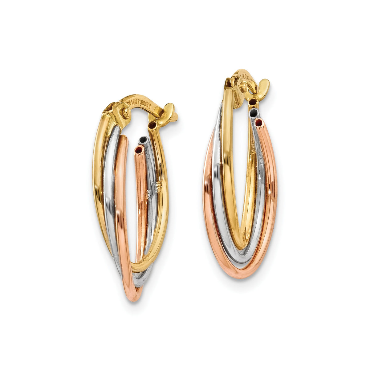 14k Tri Color Gold Hoop Earrings with Intertwined Strands, Oval Triple Hoop Design