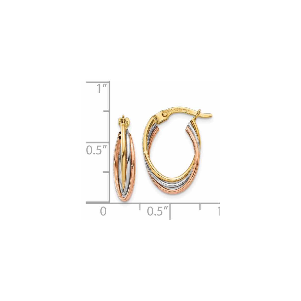 14k Tri Color Gold Hoop Earrings with Intertwined Strands, Oval Triple Hoop Design
