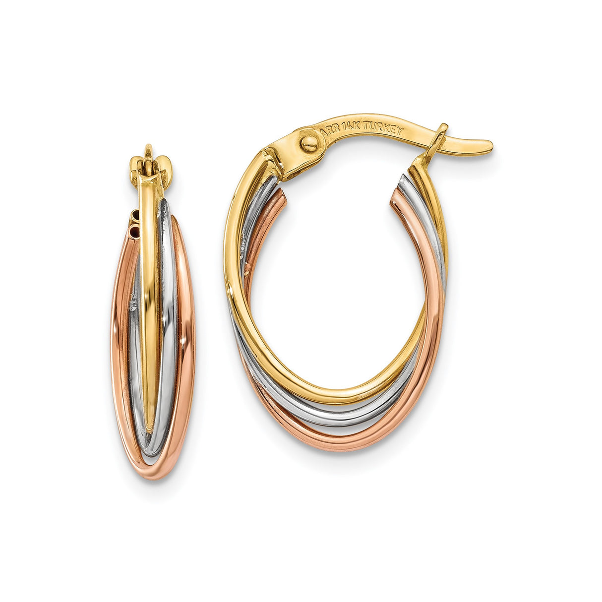 14k Tri Color Gold Hoop Earrings with Intertwined Strands, Oval Triple Hoop Design