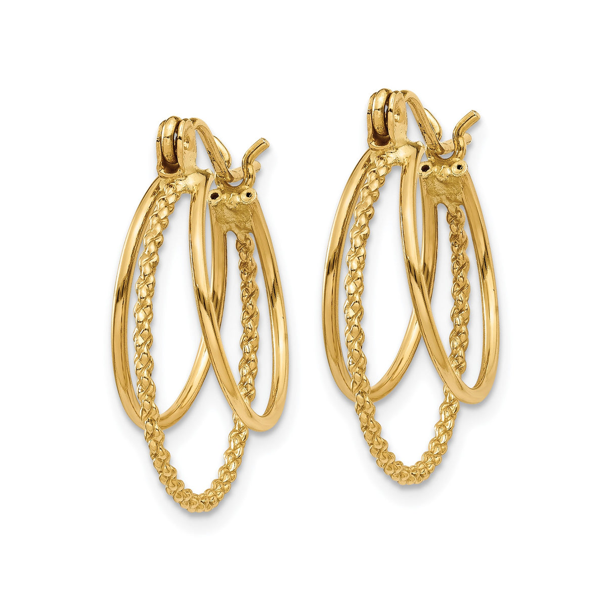 14k Yellow Gold Triple Hoop Earrings, Polished and Braided Textures, Layered Modern Design