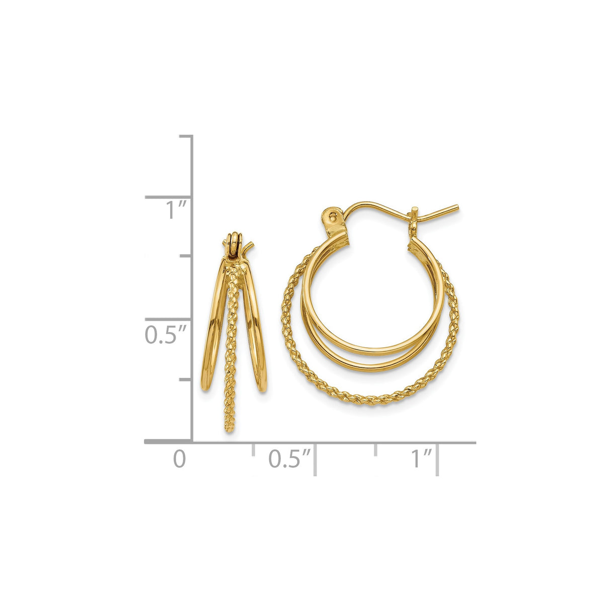 14k Yellow Gold Triple Hoop Earrings, Polished and Braided Textures, Layered Modern Design
