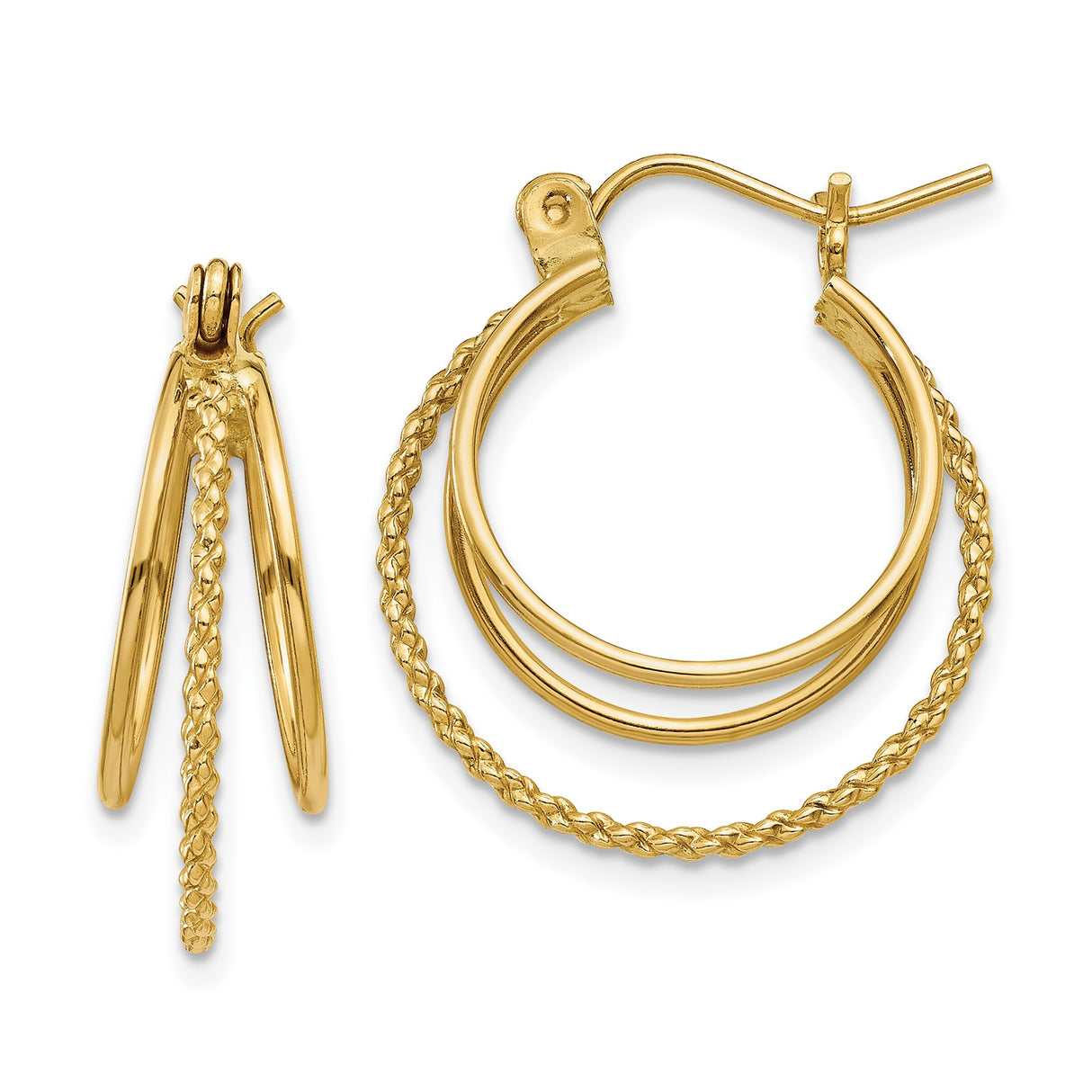 14k Yellow Gold Triple Hoop Earrings, Polished and Braided Textures, Layered Modern Design
