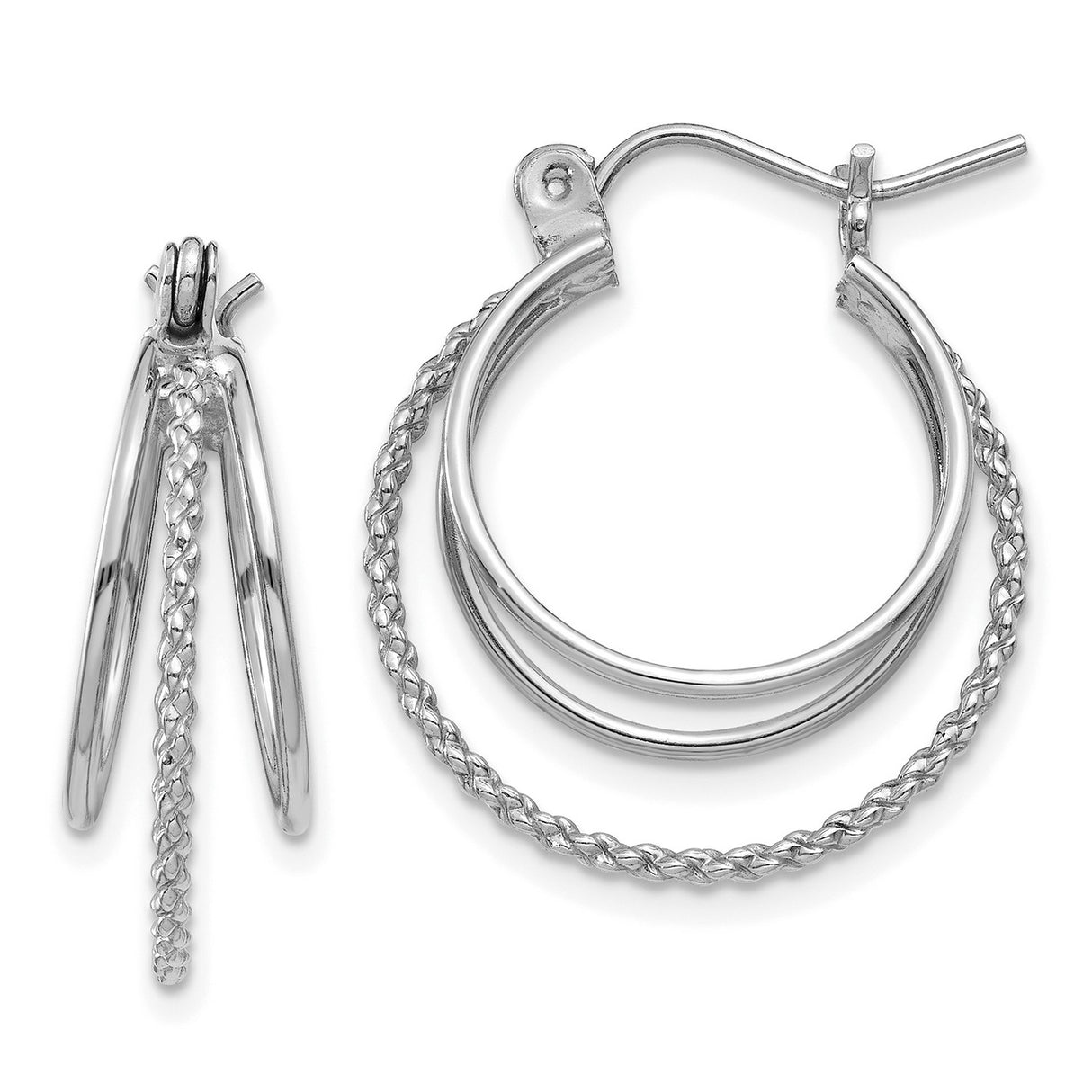 14k White Gold Hoop Earrings, Triple Layered Braided Texture, Polished Modern Design for Women