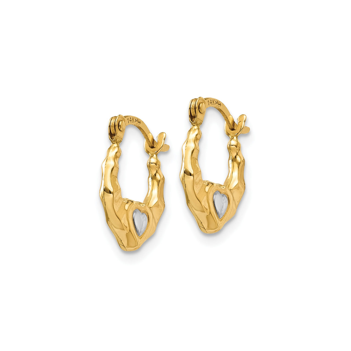 14k Yellow Gold Hoop Earrings with Heart Shaped Center, Two Tone Design for Women