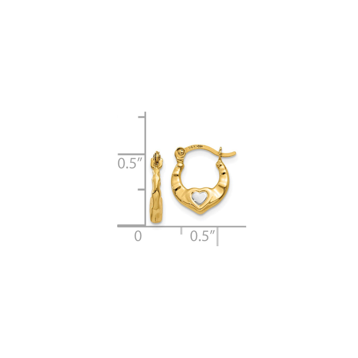 14k Yellow Gold Hoop Earrings with Heart Shaped Center, Two Tone Design for Women