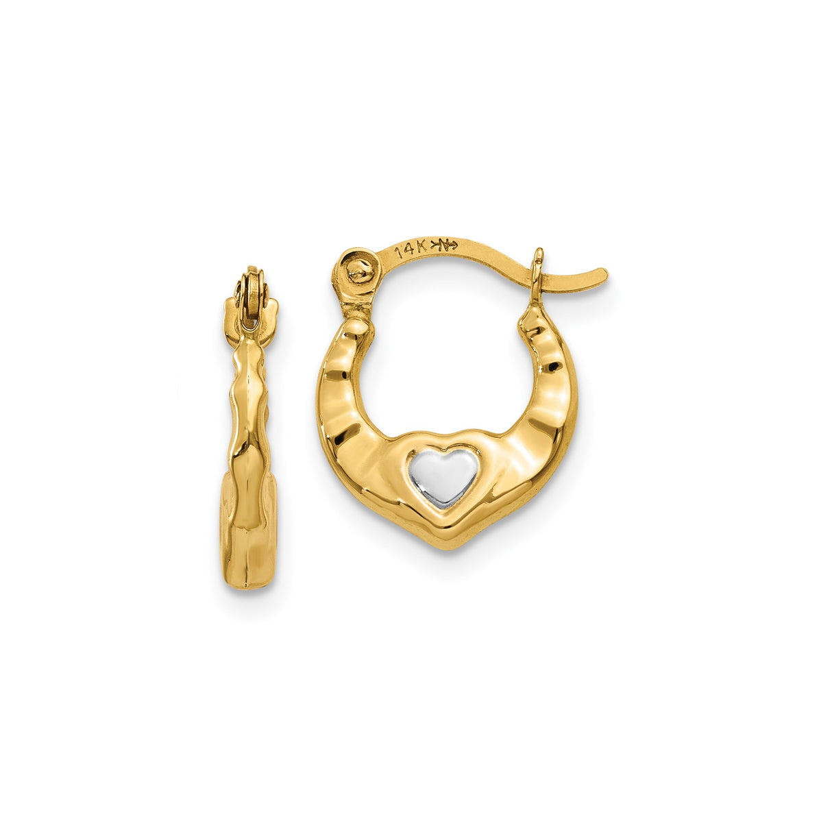 14k Yellow Gold Hoop Earrings with Heart Shaped Center, Two Tone Design for Women