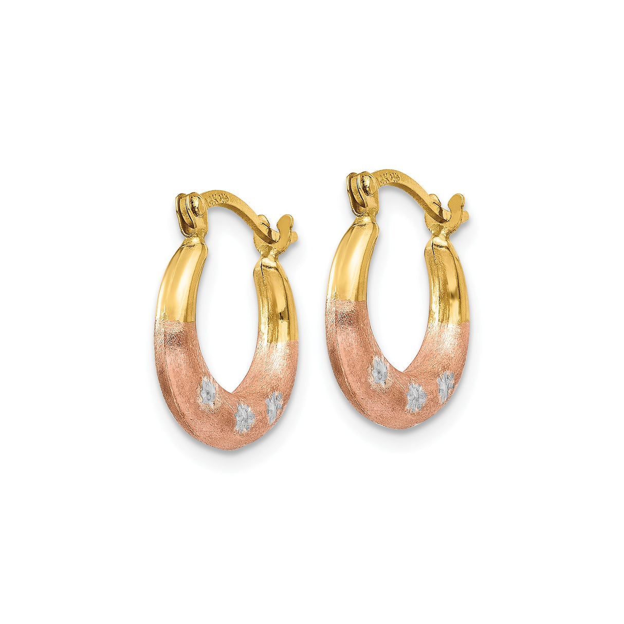 14k Yellow Gold Hoop Earrings with Brushed and Polished Finish, Two-Tone Starburst Design