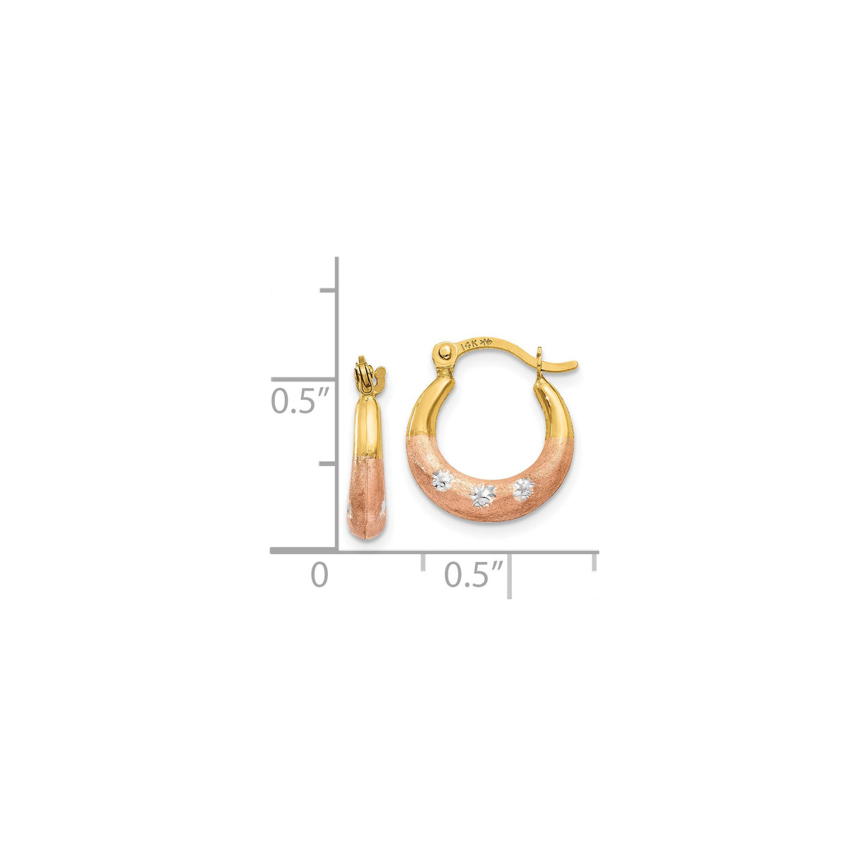 14k Yellow Gold Hoop Earrings with Brushed and Polished Finish, Two-Tone Starburst Design