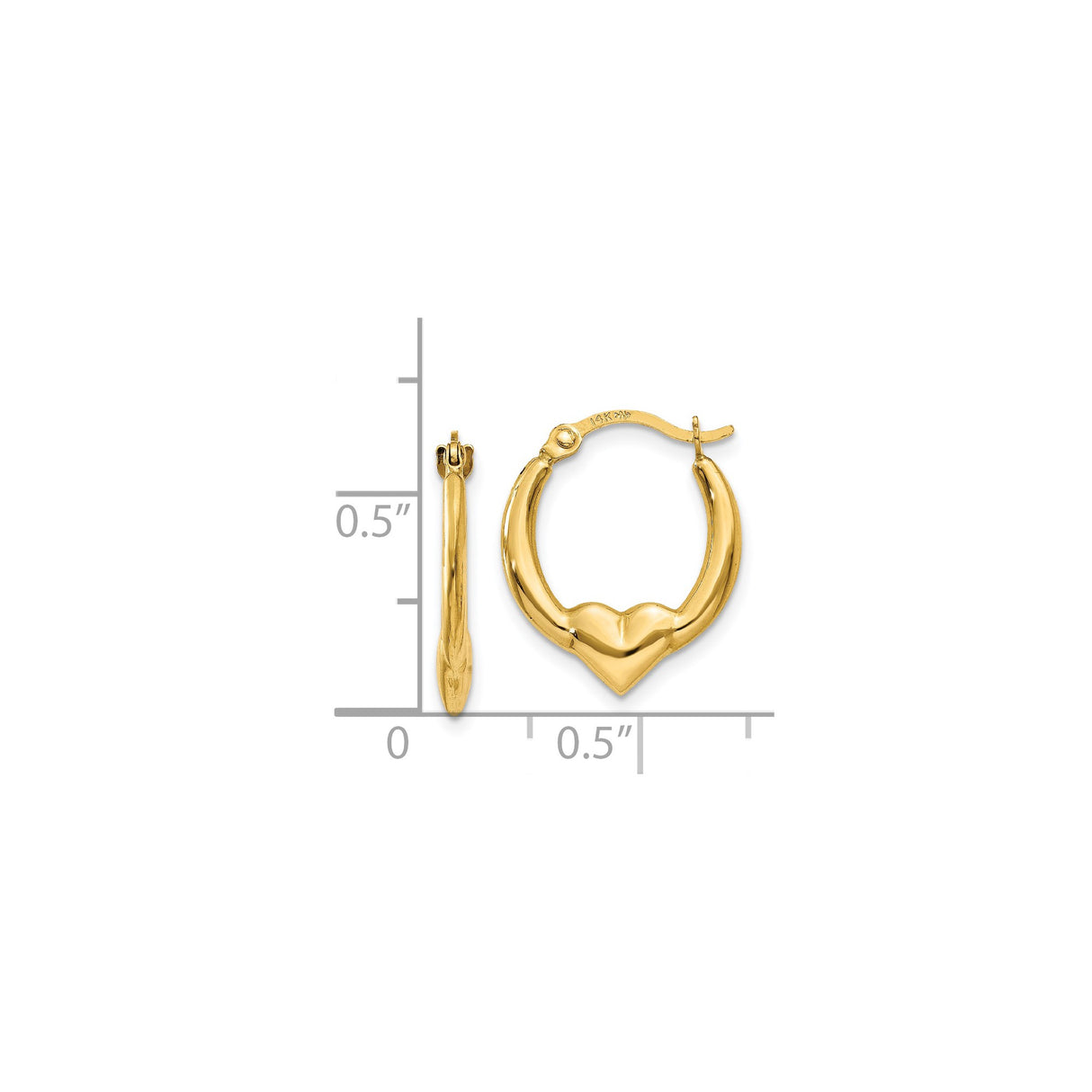 14k Yellow Gold Heart Hoop Earrings with Contoured Design and Polished Finish for Women