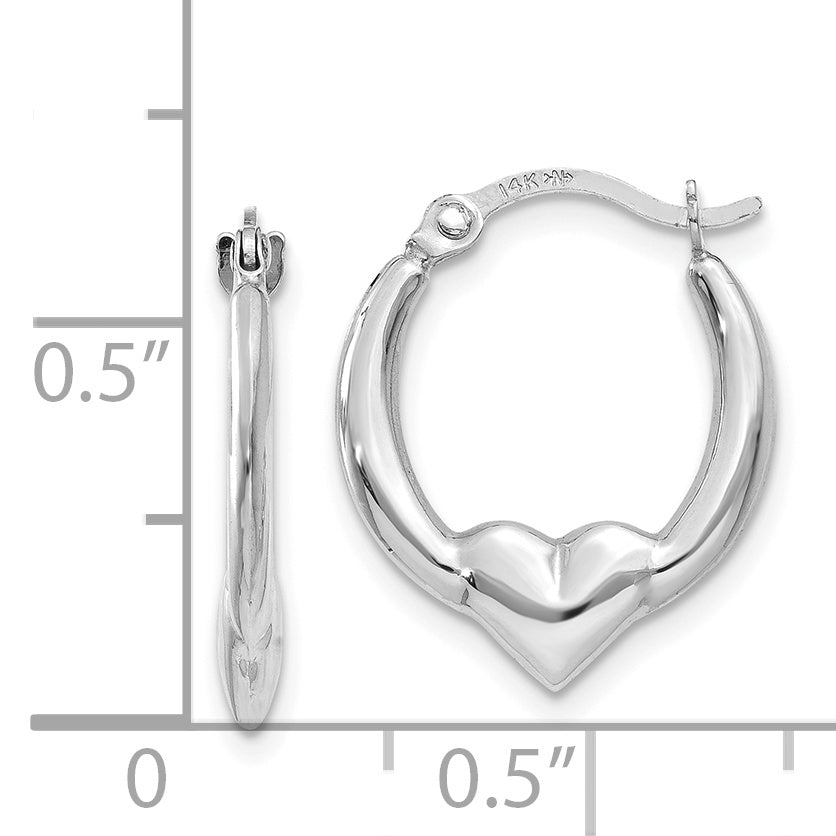 14k White Gold Heart Shaped Hoop Earrings with Hinged Design and Polished Finish