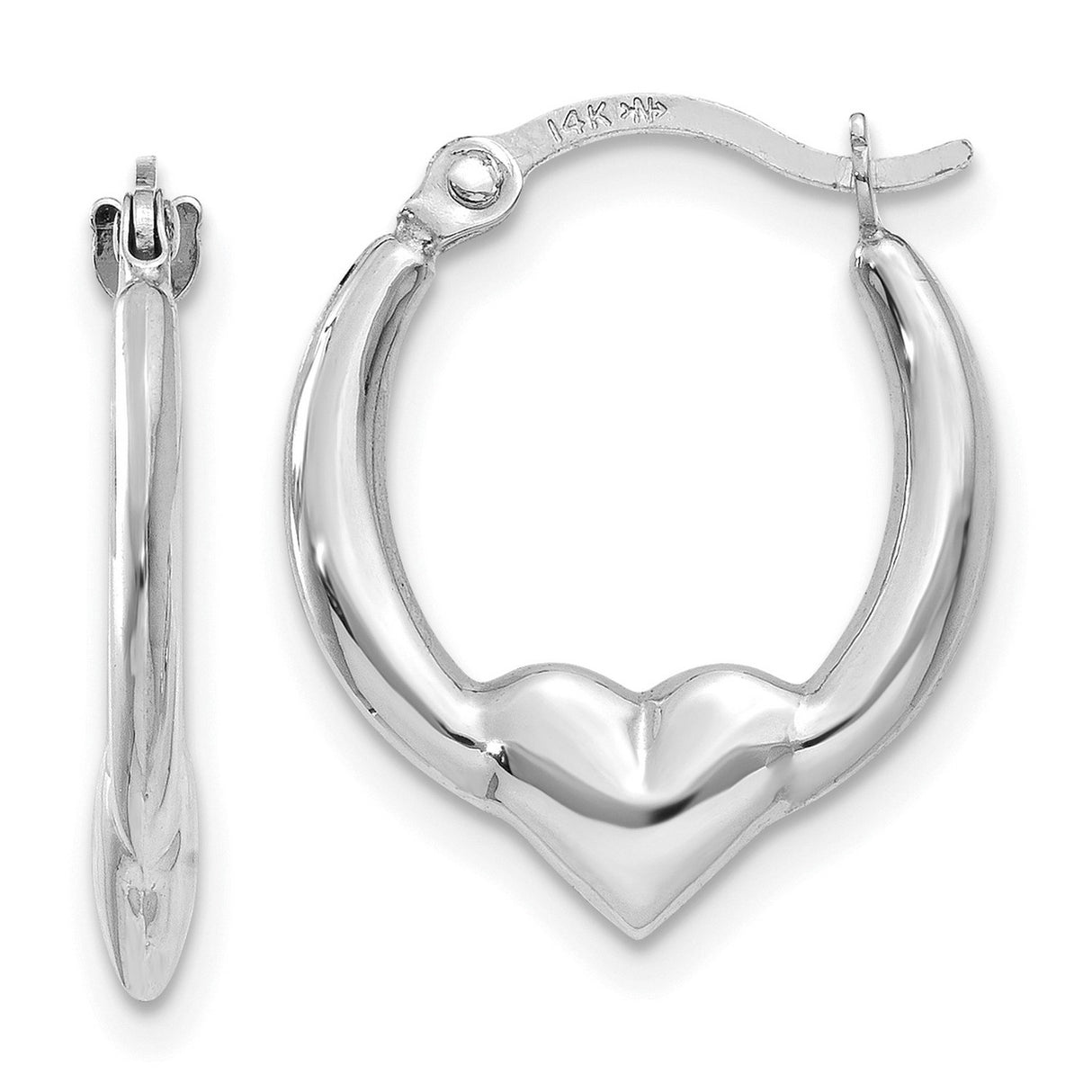 14k White Gold Heart Shaped Hoop Earrings with Hinged Design and Polished Finish