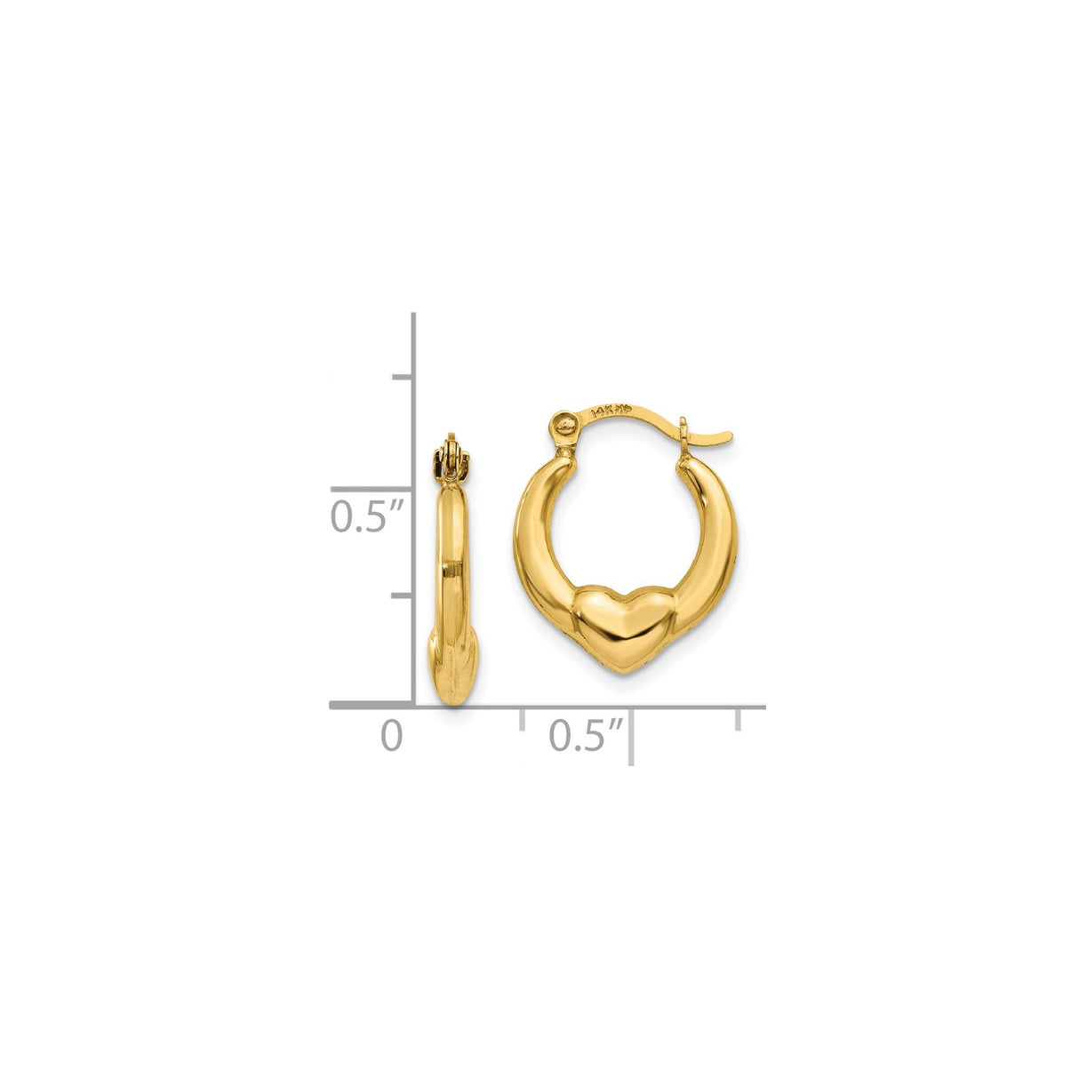 14k Yellow Gold Hoop Earrings with Puffed Heart Design for Women