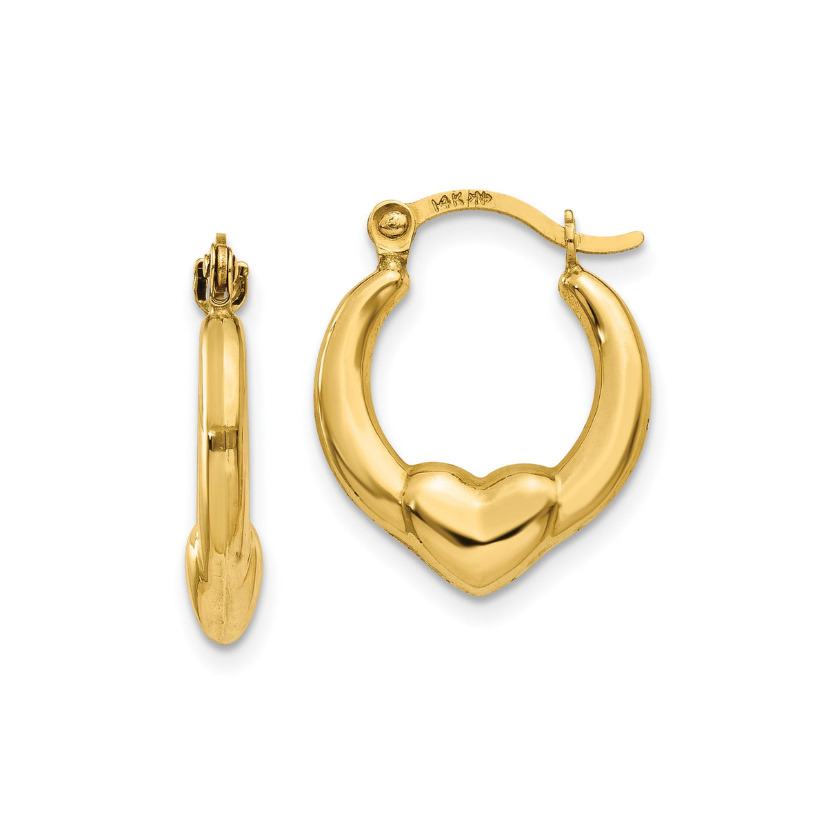 14k Yellow Gold Hoop Earrings with Puffed Heart Design for Women