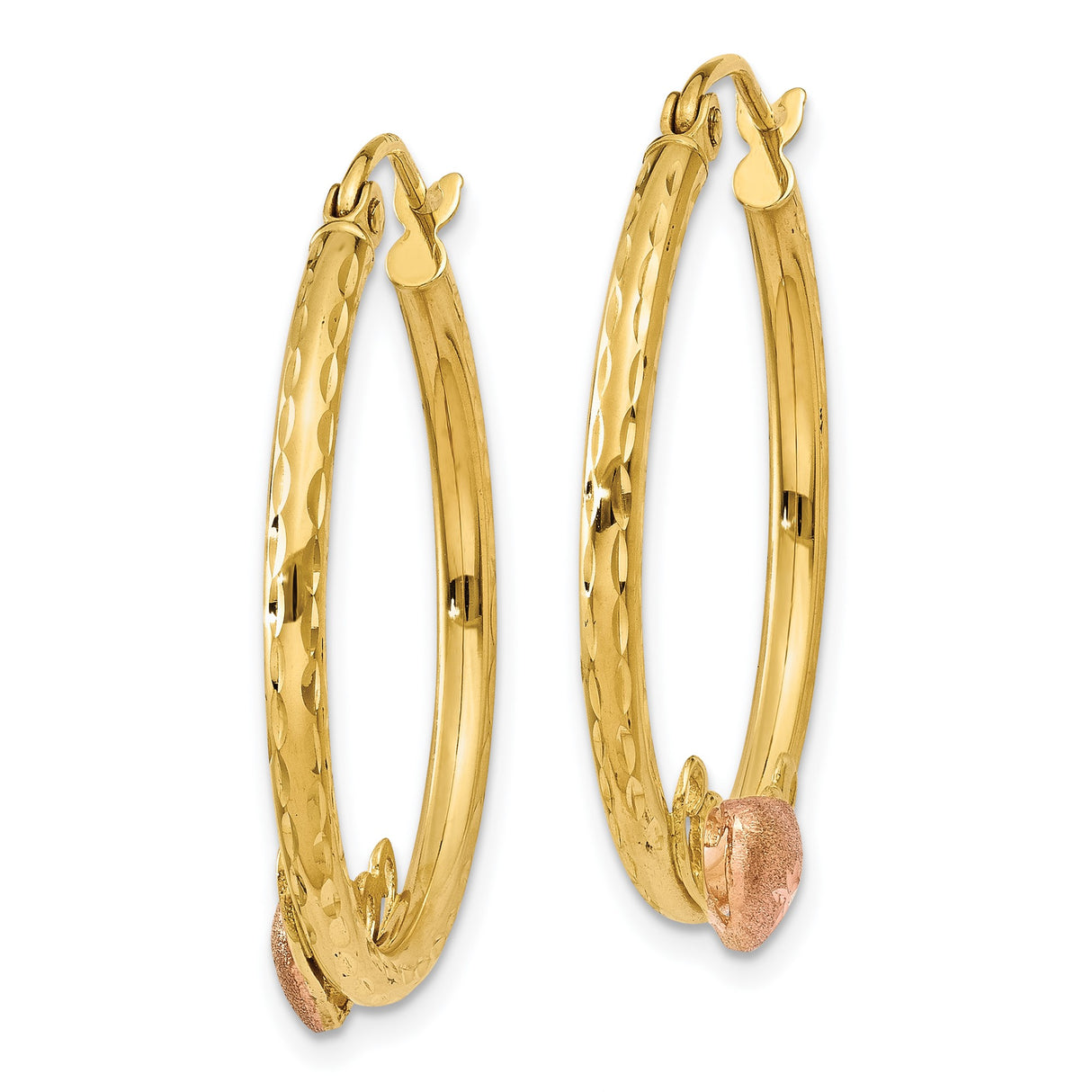 14k Yellow Gold Hoop Earrings with Rose Gold Heart Accent and Textured Scroll Design