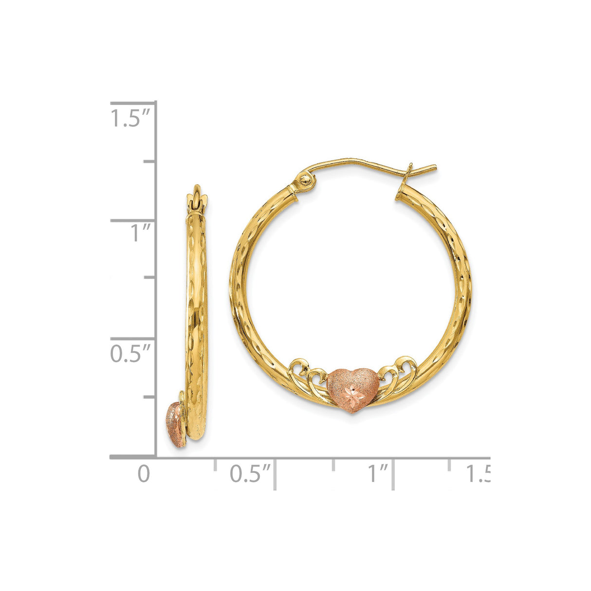 14k Yellow Gold Hoop Earrings with Rose Gold Heart Accent and Textured Scroll Design