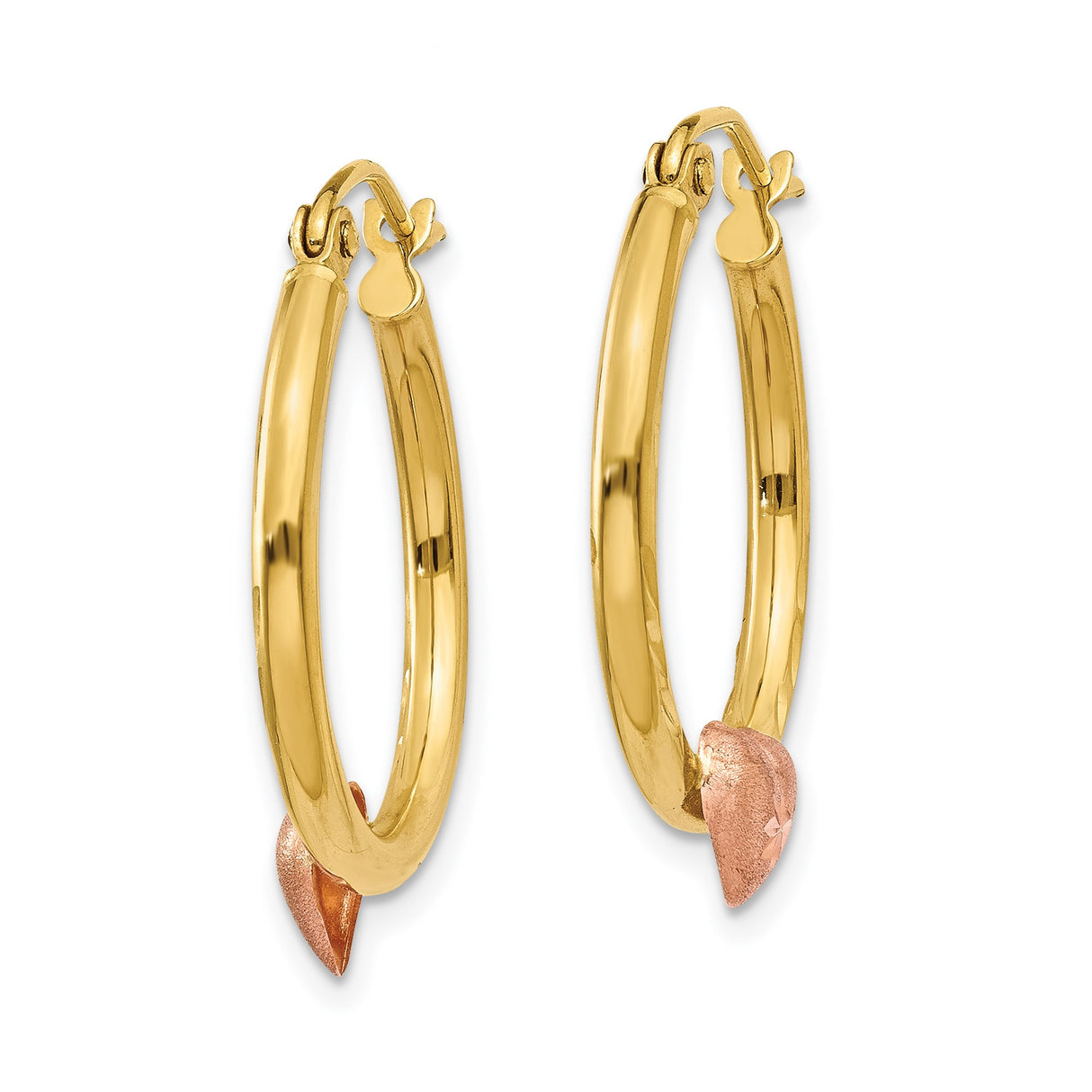 14k Yellow Gold Hoop Earrings with Two-Tone Rose Heart Accent and Starburst Engraving