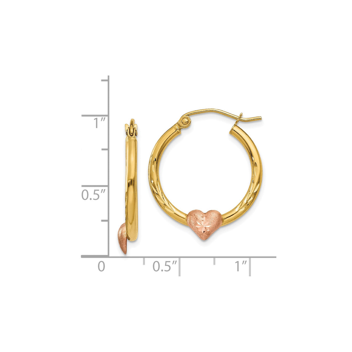 14k Yellow Gold Hoop Earrings with Two-Tone Rose Heart Accent and Starburst Engraving