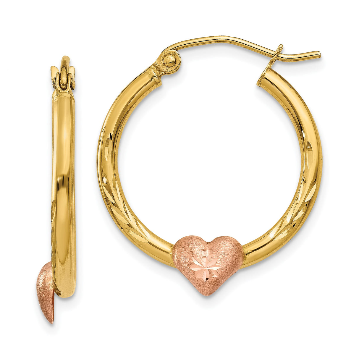 14k Yellow Gold Hoop Earrings with Two-Tone Rose Heart Accent and Starburst Engraving