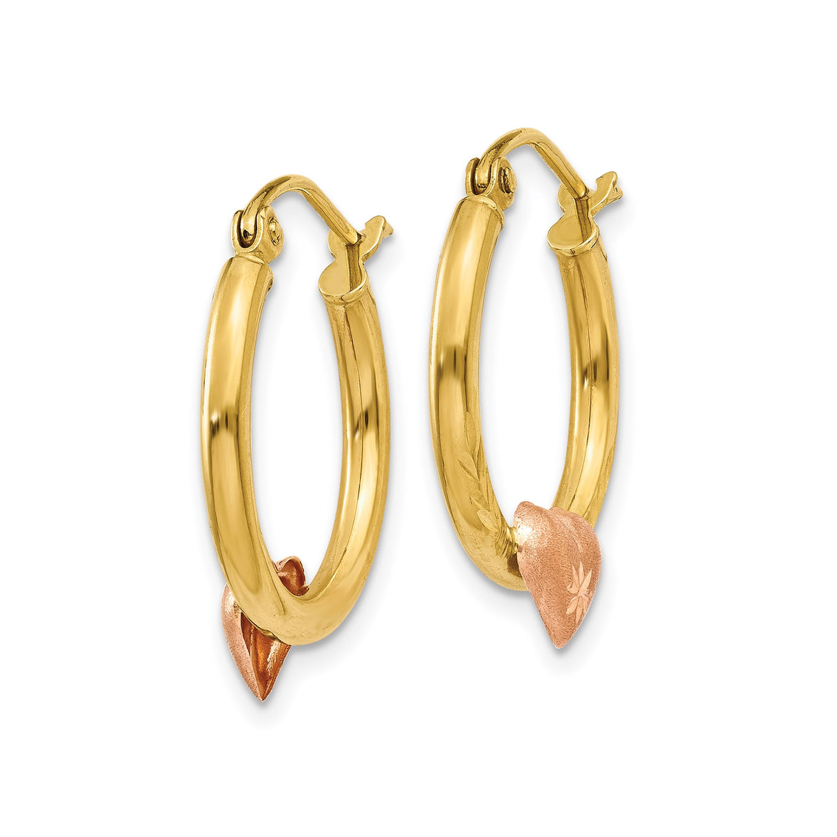 14k Yellow Gold Hoop Earrings with Rose Gold Heart Charm and Starburst Leaf Design