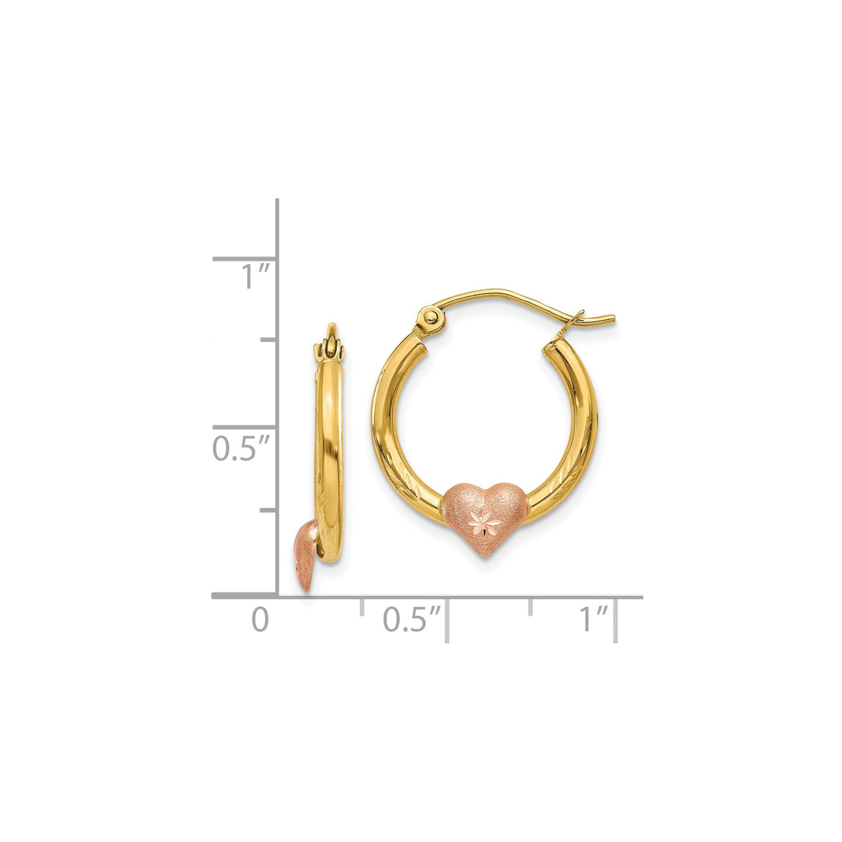 14k Yellow Gold Hoop Earrings with Rose Gold Heart Charm and Starburst Leaf Design