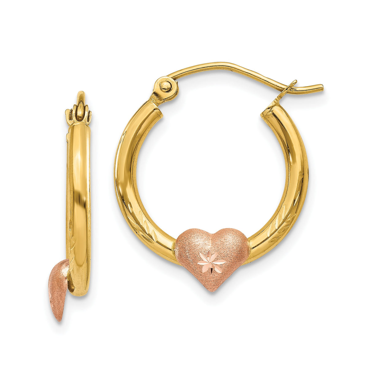 14k Yellow Gold Hoop Earrings with Rose Gold Heart Charm and Starburst Leaf Design