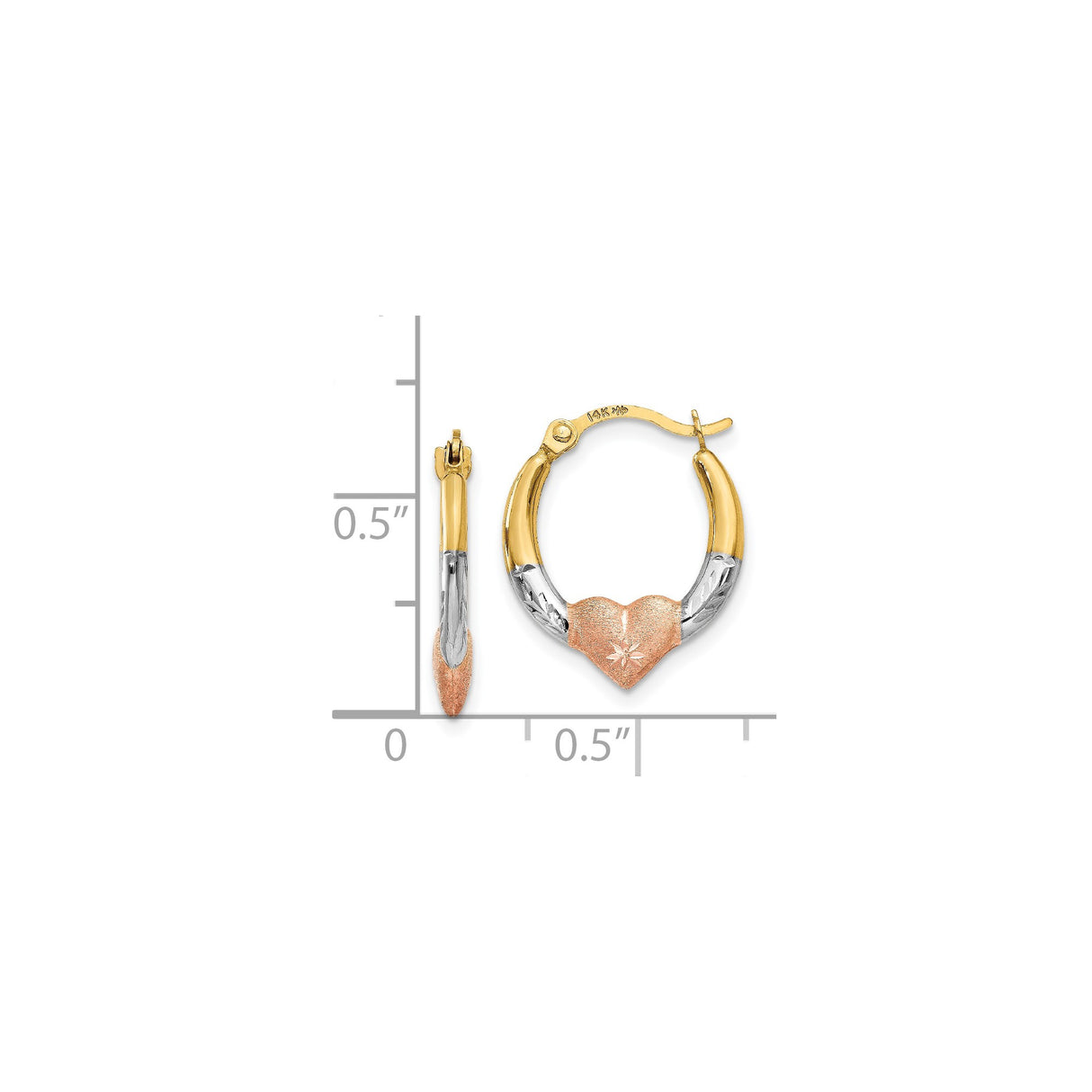 14k Tri-Color Gold Hoop Earrings with Starburst Heart Design for Women