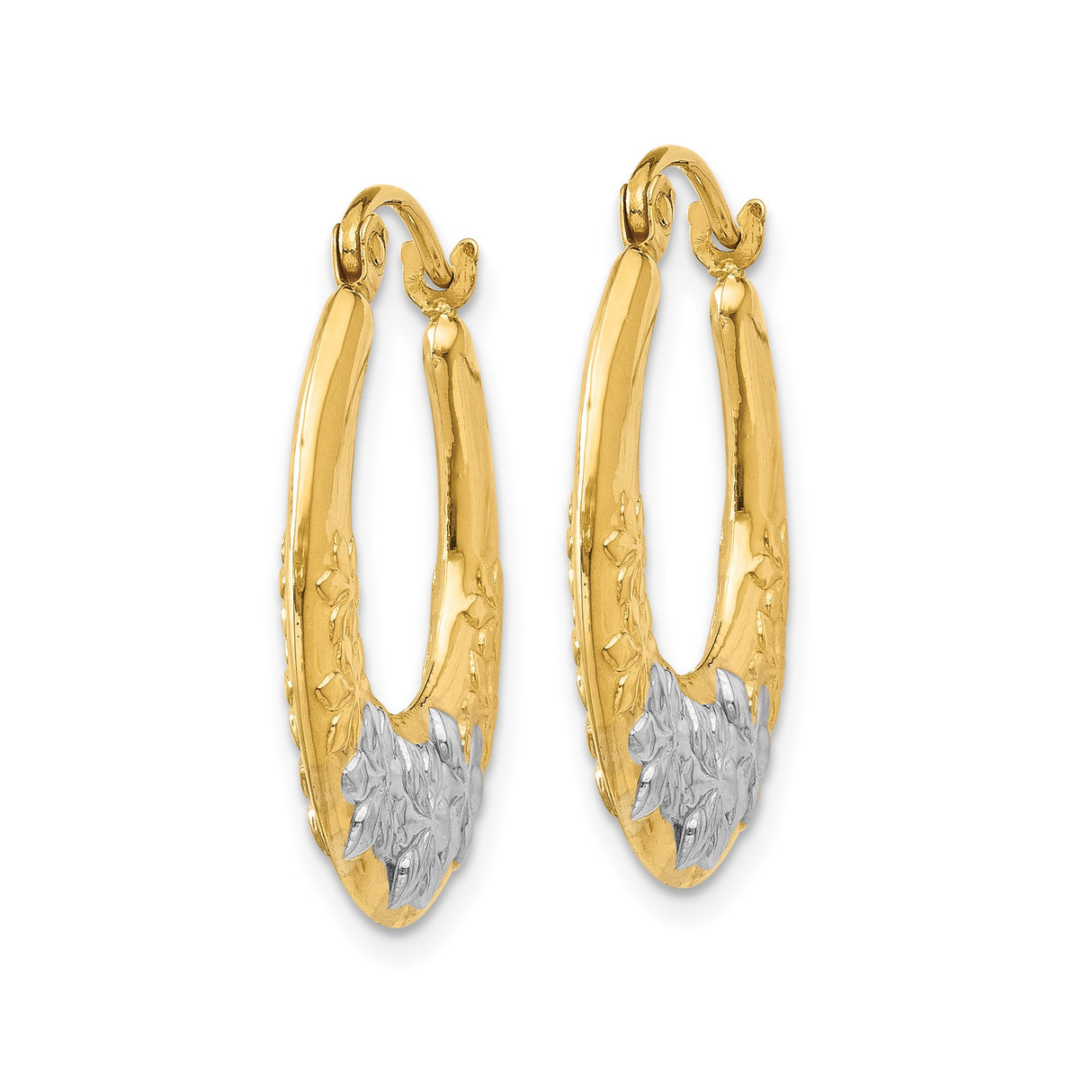 14k Yellow Gold Hoop Earrings with Embossed Floral Design, Polished Two-Tone Flower Motif