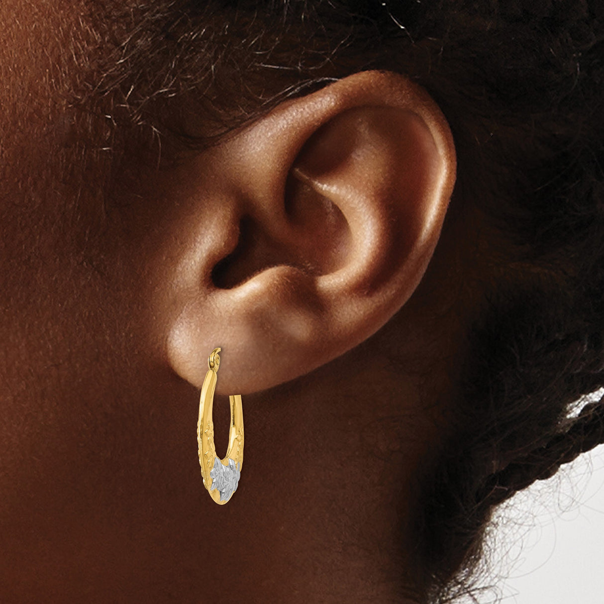 14k Yellow Gold Hoop Earrings with Embossed Floral Design, Polished Two-Tone Flower Motif