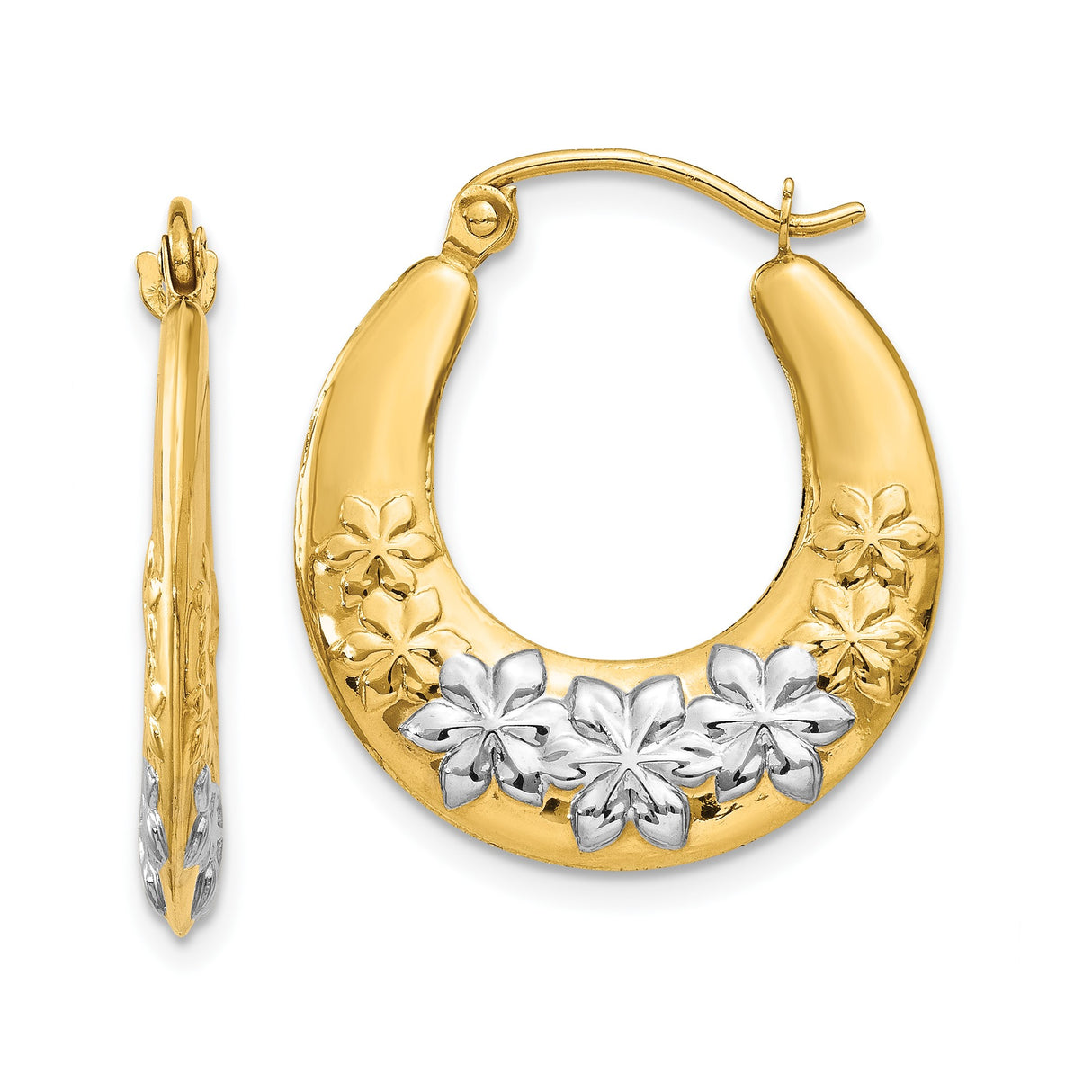 14k Yellow Gold Hoop Earrings with Embossed Floral Design, Polished Two-Tone Flower Motif