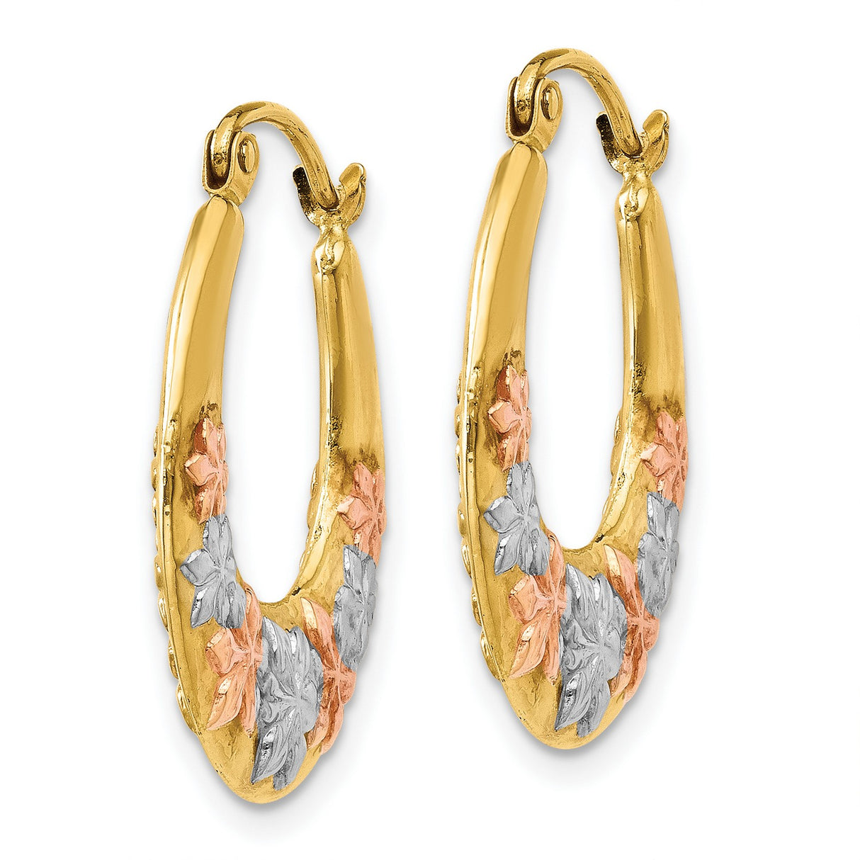 14k Yellow Gold Hoop Earrings with Tri-Color Floral Accents in Rose and White Gold