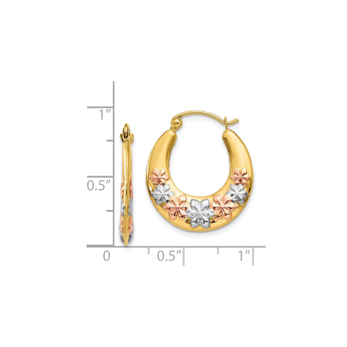 14k Yellow Gold Hoop Earrings with Tri-Color Floral Accents in Rose and White Gold