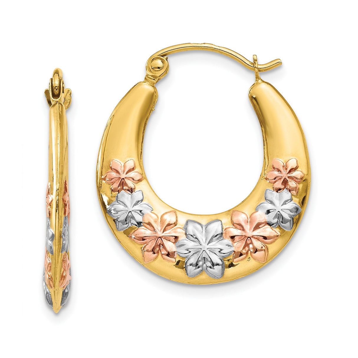 14k Yellow Gold Hoop Earrings with Tri-Color Floral Accents in Rose and White Gold